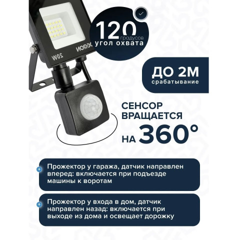 Прожектор светодиодный Dekron 20W 5700К IP65 1600Лм с датчиком черный - изображение 3