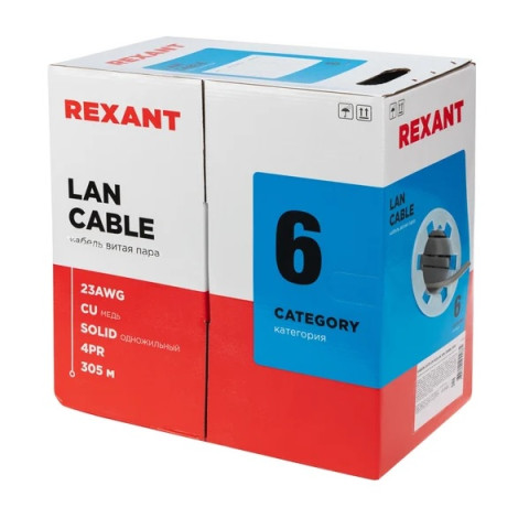 Кабель витая пара U/UTP, CAT 6, ZH нг(А)-HF, 4PR, 23AWG, INDOOR, SOLID, серый, 305 м, REXANT - изображение 2