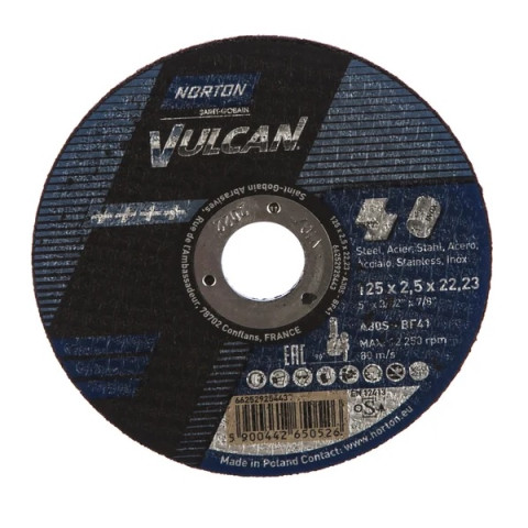 Круг отрезной 125х2.5x22.2 мм для металла Vulcan NORTON - изображение 1